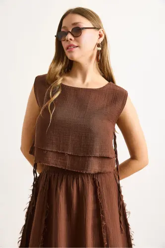 Women's Bitter Coffee Double Layer Dirty Stitch Lace-up Detail Muslin Blouse BLZ-19002924-Bitter Coffee - OLALOOK (1)