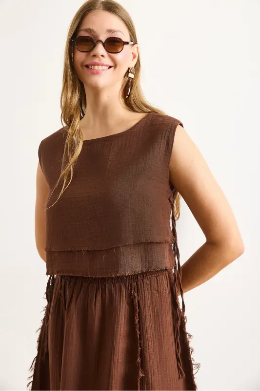 Women's Bitter Coffee Double Layer Dirty Stitch Lace-up Detail Muslin Blouse BLZ-19002924-Bitter Coffee - 3