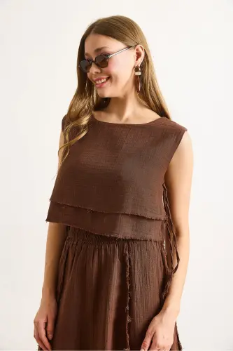 Women's Bitter Coffee Double Layer Dirty Stitch Lace-up Detail Muslin Blouse BLZ-19002924-Bitter Coffee - 4