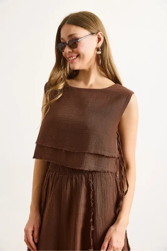 Women's Bitter Coffee Double Layer Dirty Stitch Lace-up Detail Muslin Blouse BLZ-19002924-Bitter Coffee - 4