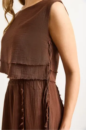 Women's Bitter Coffee Double Layer Dirty Stitch Lace-up Detail Muslin Blouse BLZ-19002924-Bitter Coffee - 5