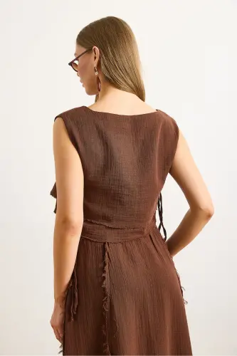 Women's Bitter Coffee Double Layer Dirty Stitch Lace-up Detail Muslin Blouse BLZ-19002924-Bitter Coffee - 6