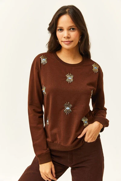 Women's Bitter Coffee Eye Embroidered Seasonal Sweatshirt SWT-19000598 - OLALOOK (1)