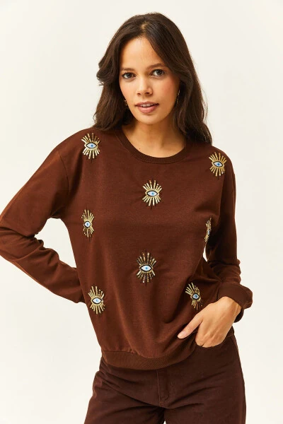 Women's Bitter Coffee Eye Embroidered Seasonal Sweatshirt SWT-19000598 - 3