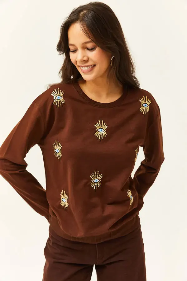 Women's Bitter Coffee Eye Embroidered Seasonal Sweatshirt SWT-19000598 - 4