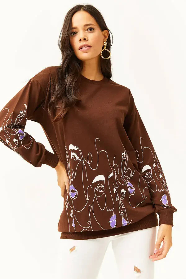 Women's Bitter Coffee Face Figure Oversized Sweatshirt SWT-19000632 - 1