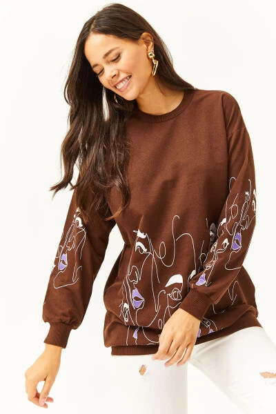 Women's Bitter Coffee Face Figure Oversized Sweatshirt SWT-19000632 - 3