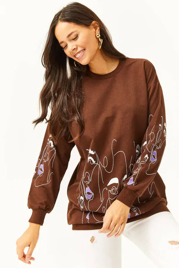 Women's Bitter Coffee Face Figure Oversized Sweatshirt SWT-19000632 - 3