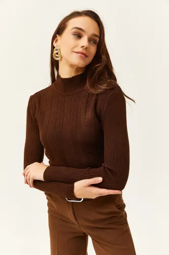 Women's Bitter Coffee Half Fisherman Zigzag Textured Soft Knit Sweater KZK-19000447-Bitter Coffee - 5