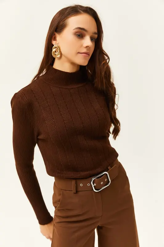 Women's Bitter Coffee Half Fisherman Zigzag Textured Soft Knit Sweater KZK-19000447-Bitter Coffee - 6