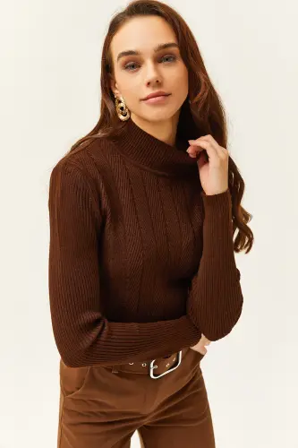 Women's Bitter Coffee Half Fisherman Zigzag Textured Soft Knit Sweater KZK-19000447-Bitter Coffee 