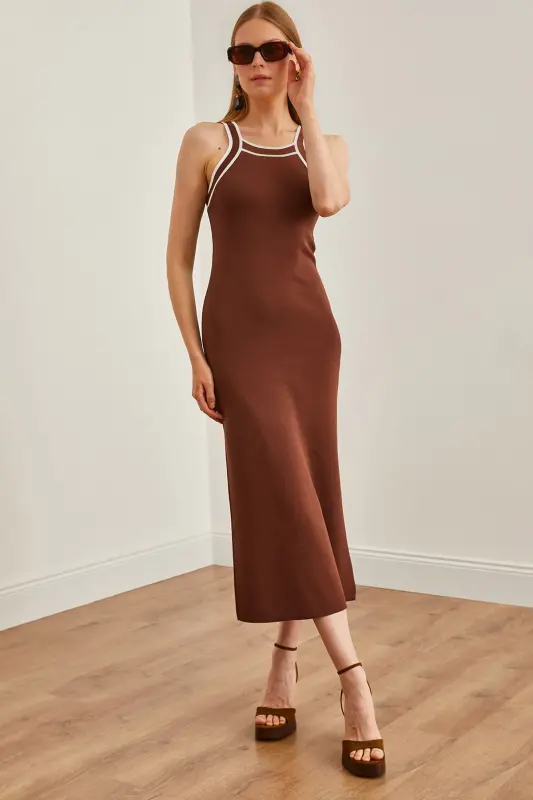 Women's Bitter Coffee Halter Neck Maxi Knitted Dress ELB-19002070-Bitter Coffee - OLALOOK