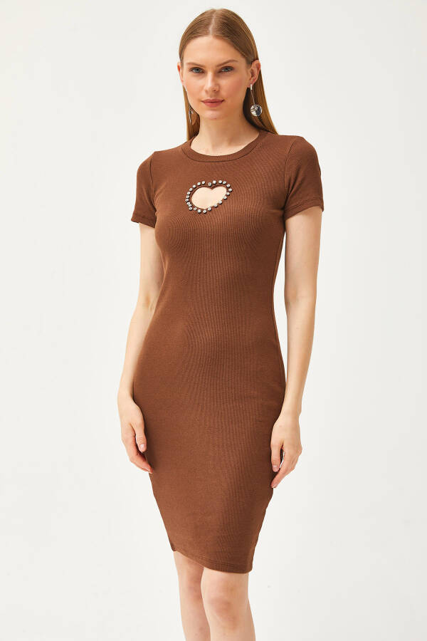 Women's Bitter Coffee Heart Neckline Stone Embellished Lycra Mini Cotton Dress ELB-19002065 - 2