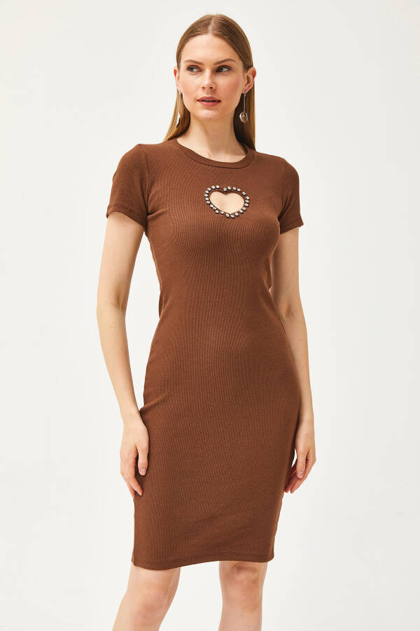 Women's Bitter Coffee Heart Neckline Stone Embellished Lycra Mini Cotton Dress ELB-19002065 - 3