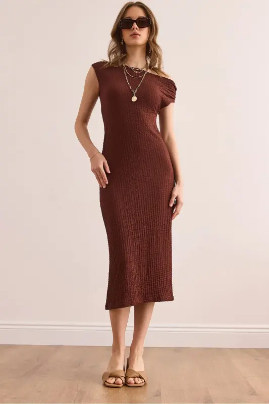 Women's Bitter Coffee One Shoulder Textured Midi Dress CLO-19 - 1