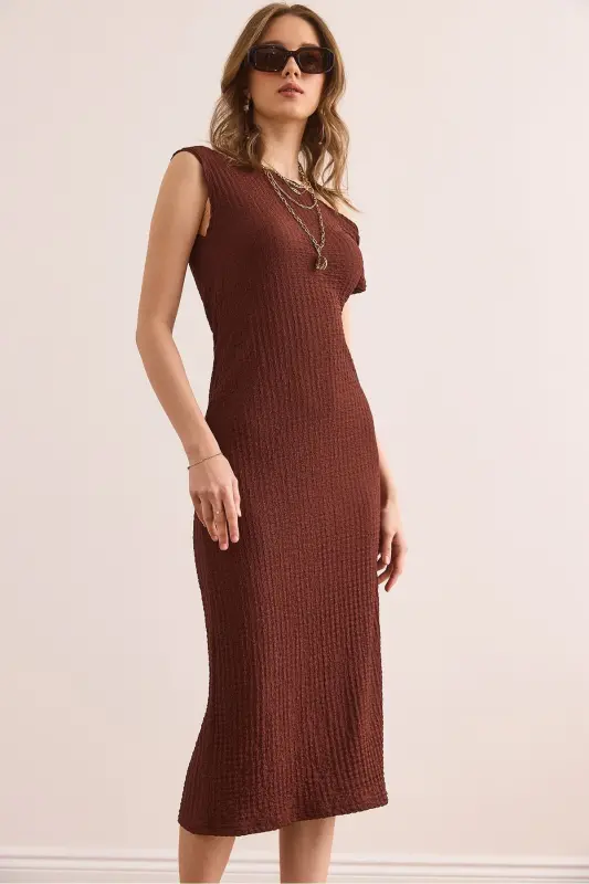 Women's Bitter Coffee One Shoulder Textured Midi Dress CLO-19 - 3