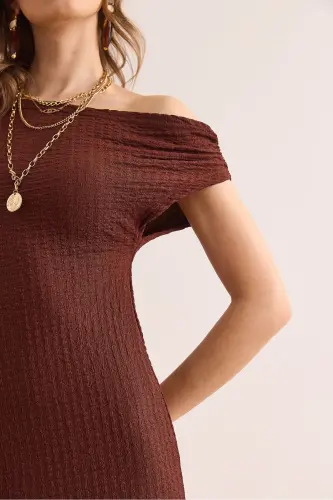 Women's Bitter Coffee One Shoulder Textured Midi Dress CLO-19 - 5