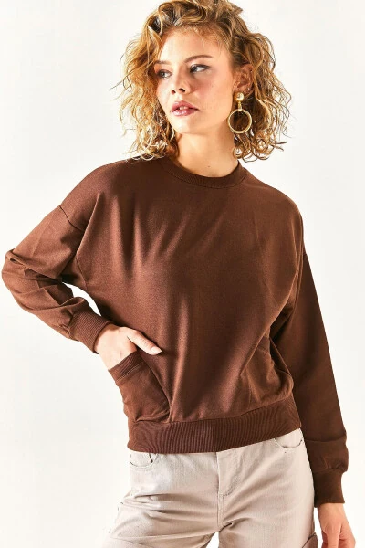 Women's Bitter Coffee Pocket Detail Soft Textured Sweatshirt SWT-19000616 - OLALOOK (1)