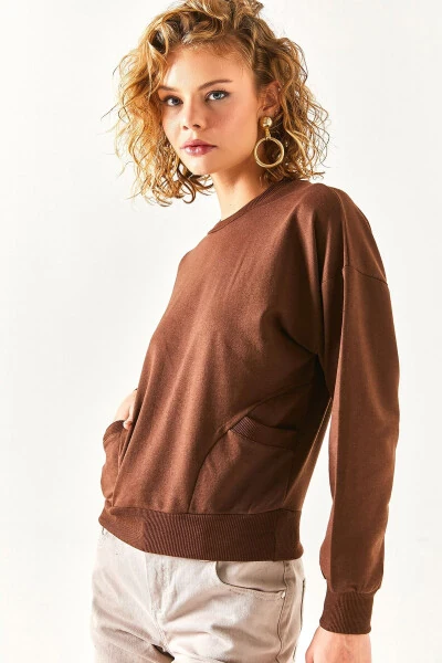 Women's Bitter Coffee Pocket Detail Soft Textured Sweatshirt SWT-19000616 - 3