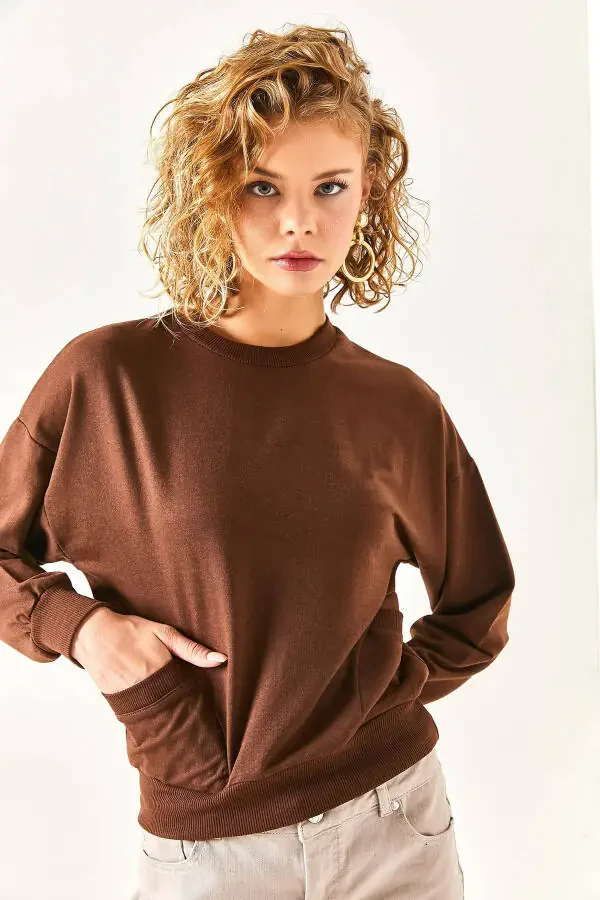 Women's Bitter Coffee Pocket Detail Soft Textured Sweatshirt SWT-19000616 - 6