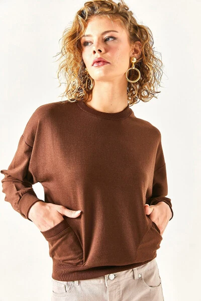 Women's Bitter Coffee Pocket Detail Soft Textured Sweatshirt SWT-19000616 - 7