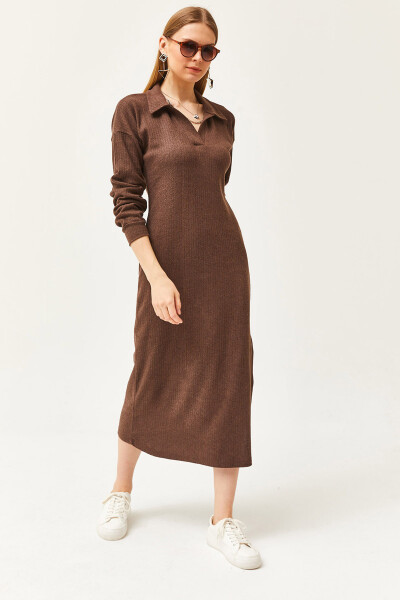 Women's Bitter Coffee Polo Collar Slitted Chardon Midi Dress ELB-19002050 - 1