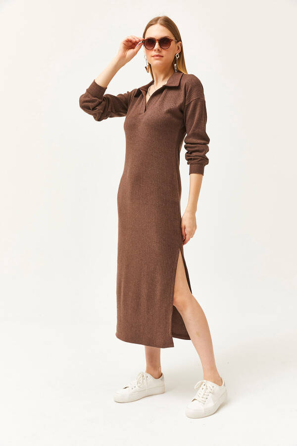 Women's Bitter Coffee Polo Collar Slitted Chardon Midi Dress ELB-19002050 - 2