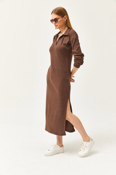 Women's Bitter Coffee Polo Collar Slitted Chardon Midi Dress ELB-19002050 - 3