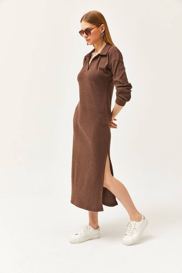 Women's Bitter Coffee Polo Collar Slitted Chardon Midi Dress ELB-19002050 - 3