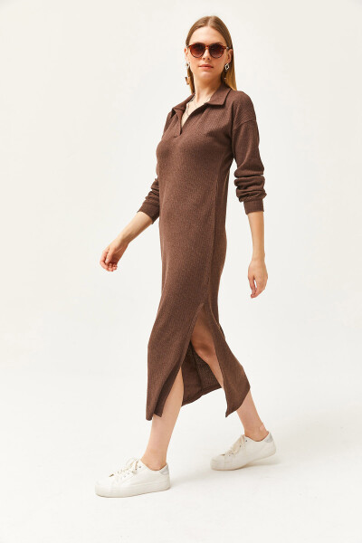 Women's Bitter Coffee Polo Collar Slitted Chardon Midi Dress ELB-19002050 - 5