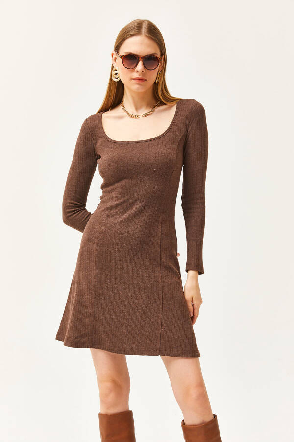 Women's Bitter Coffee Pool Neck Split Mini A-line Dress ELB-19002053 - 3