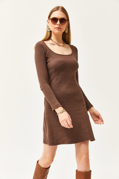 Women's Bitter Coffee Pool Neck Split Mini A-line Dress ELB-19002053 - 4