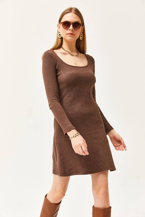 Women's Bitter Coffee Pool Neck Split Mini A-line Dress ELB-19002053 - 4