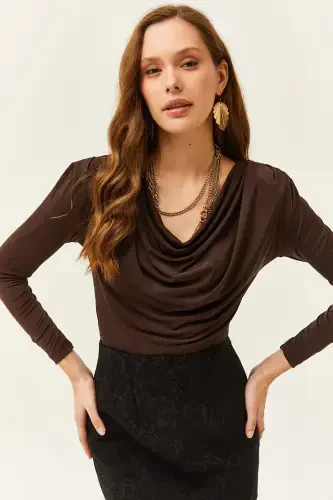 Women's Bitter Coffee Shoulder Padded Pleated Drape Neck Blouse BLZ-19002419-Bitter Coffee - 1