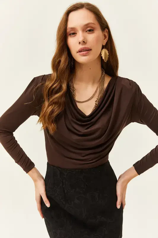 Women's Bitter Coffee Shoulder Padded Pleated Drape Neck Blouse BLZ-19002419-Bitter Coffee - OLALOOK