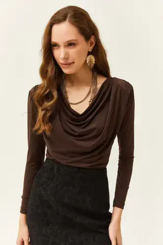 Women's Bitter Coffee Shoulder Padded Pleated Drape Neck Blouse BLZ-19002419-Bitter Coffee - OLALOOK (1)