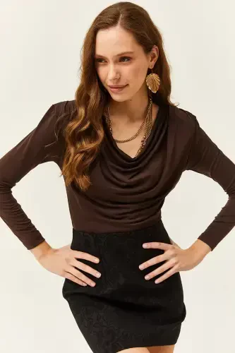 Women's Bitter Coffee Shoulder Padded Pleated Drape Neck Blouse BLZ-19002419-Bitter Coffee - 4