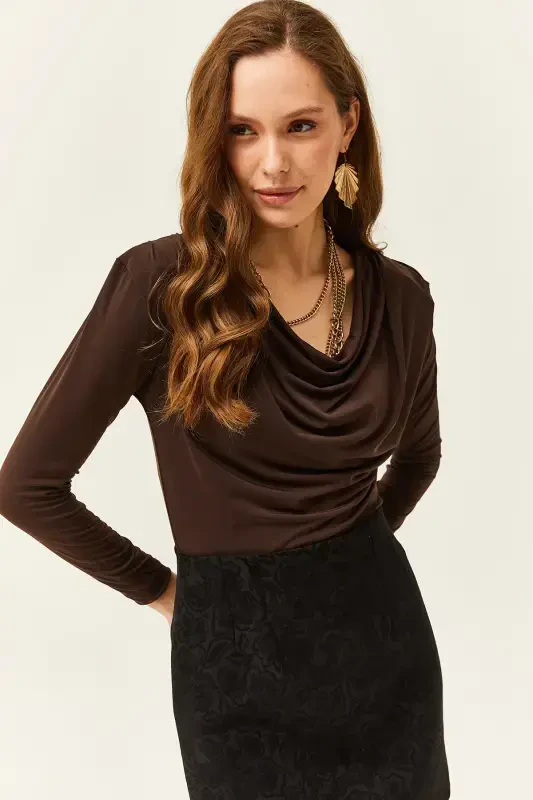 Women's Bitter Coffee Shoulder Padded Pleated Drape Neck Blouse BLZ-19002419-Bitter Coffee - 5