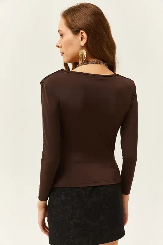 Women's Bitter Coffee Shoulder Padded Pleated Drape Neck Blouse BLZ-19002419-Bitter Coffee - 6