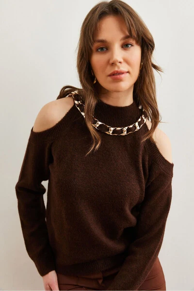 Women's Bitter Coffee Thick Chain Detailed Soft Textured Knitted Sweater KZK-19000877 - OLALOOK