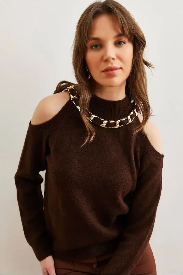 Women's Bitter Coffee Thick Chain Detailed Soft Textured Knitted Sweater KZK-19000877 - 1