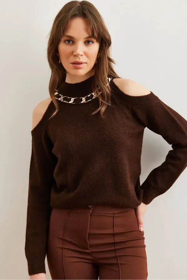 Women's Bitter Coffee Thick Chain Detailed Soft Textured Knitted Sweater KZK-19000877 - 2