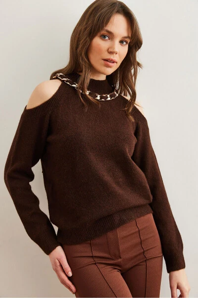 Women's Bitter Coffee Thick Chain Detailed Soft Textured Knitted Sweater KZK-19000877 - 3