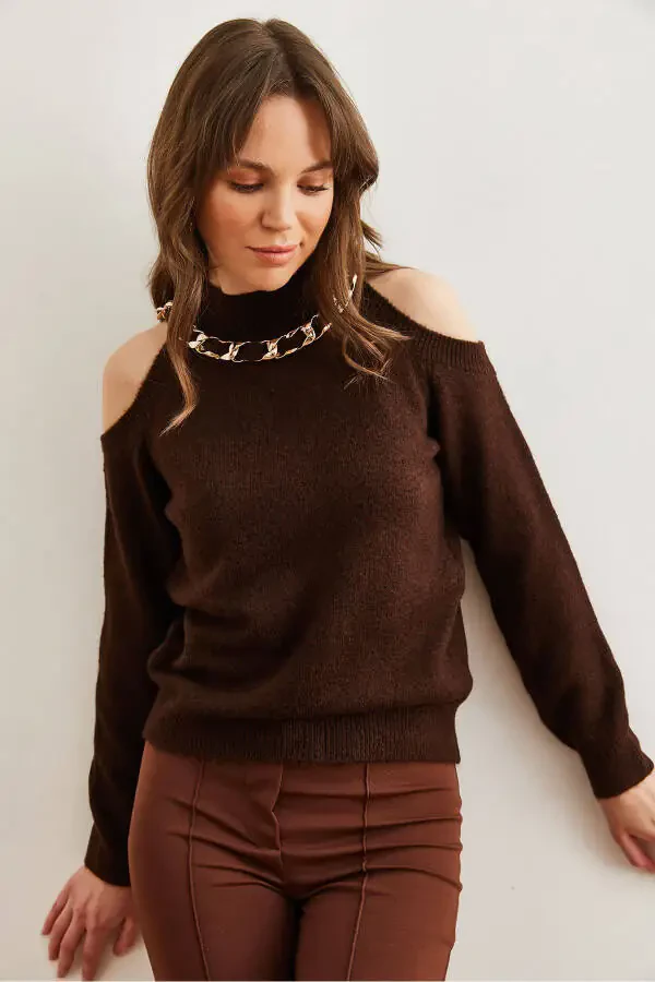 Women's Bitter Coffee Thick Chain Detailed Soft Textured Knitted Sweater KZK-19000877 - 4