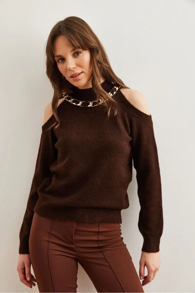 Women's Bitter Coffee Thick Chain Detailed Soft Textured Knitted Sweater KZK-19000877 - 5