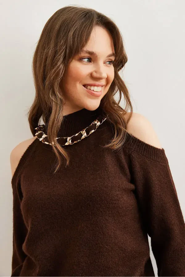 Women's Bitter Coffee Thick Chain Detailed Soft Textured Knitted Sweater KZK-19000877 - 6