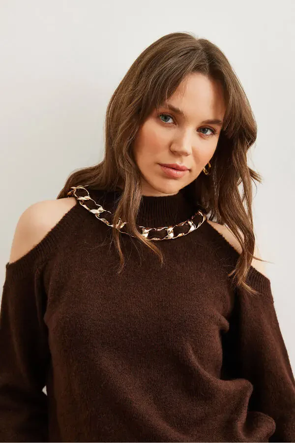 Women's Bitter Coffee Thick Chain Detailed Soft Textured Knitted Sweater KZK-19000877 - 7