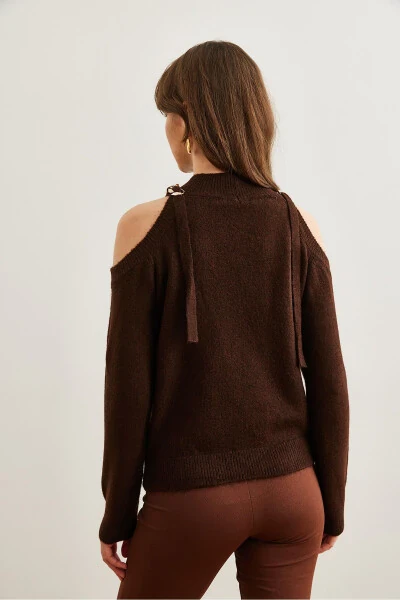 Women's Bitter Coffee Thick Chain Detailed Soft Textured Knitted Sweater KZK-19000877 - 8