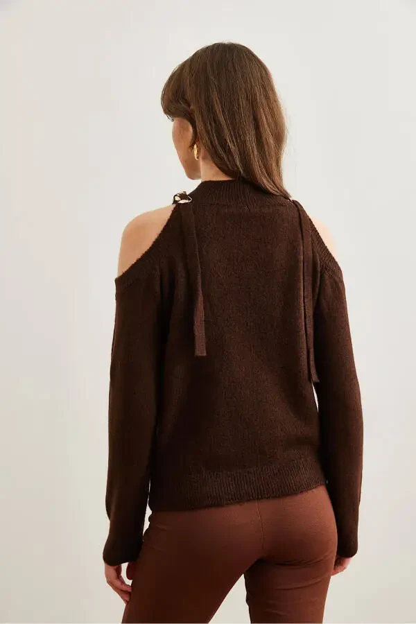 Women's Bitter Coffee Thick Chain Detailed Soft Textured Knitted Sweater KZK-19000877 - 8