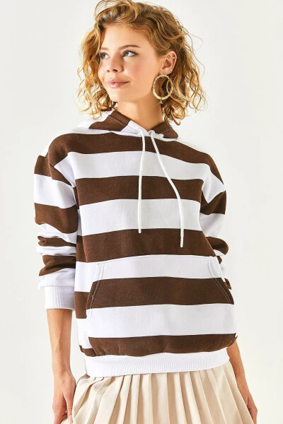 Women's Bitter Coffee Thick Striped Kangaroo Pocket Polar Fleece Sweatshirt SWT-19000615 - OLALOOK